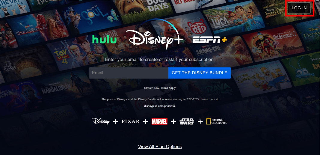 Click on the LOG IN button at the top-right of the screen. | How to Update Disney Plus Account