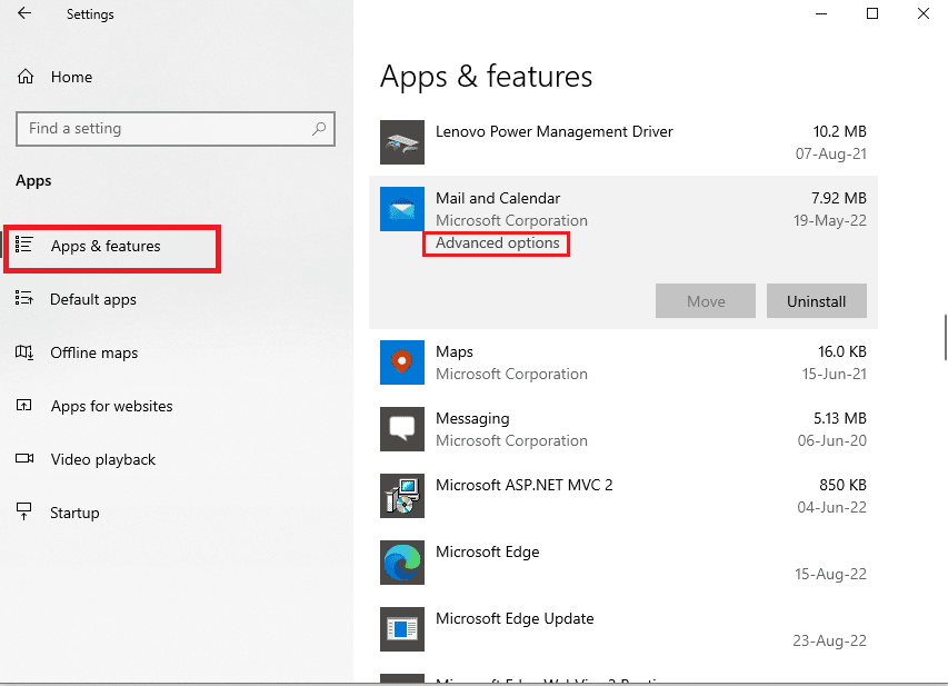 click on the Mail and Calendar app and click on the Advanced options. Fix Error Code 541 in Windows 10