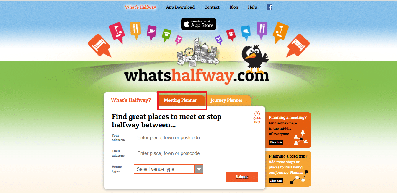 Klicken Sie auf der offiziellen Website von Whatshalfway.com | auf die Option „Meeting Planner“. auf halbem Weg zwischen den Städten