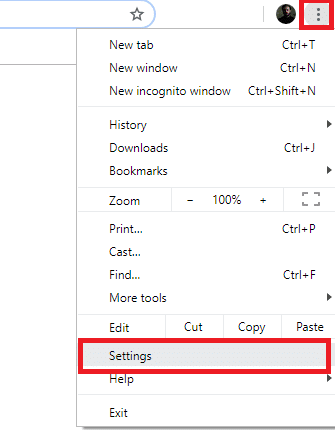 google chrome windows ၏ ညာဘက်အပေါ်ရှိ menu ခလုတ်ကို နှိပ်ပါ။ Settings ကိုနှိပ်ပါ။