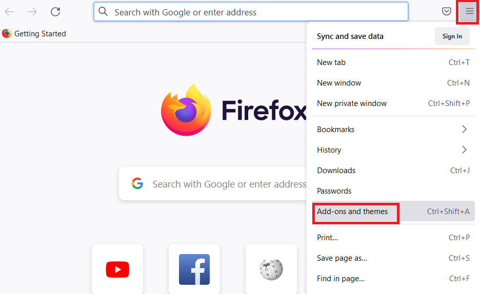 Click on the Menu icon in Firefox, followed by Add-ons and themes