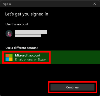 انقر فوق حساب Microsoft ثم انقر فوق الزر متابعة لإضافة حساب Microsoft جديد.