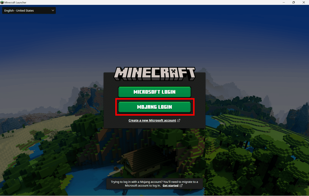 Click on the MOJANG LOGIN button to log in with your Microsoft account.