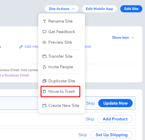 Click on the Move to Trash option, under the Site Actions drop-down menu. | cancel your Wix domain