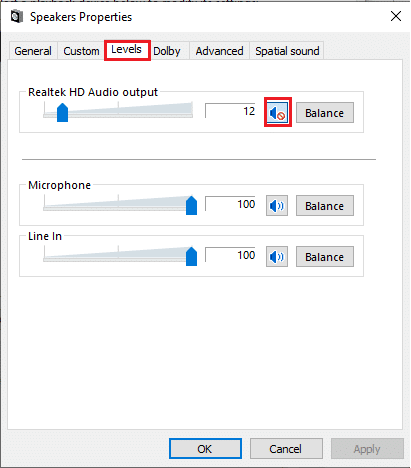 Нажмите кнопку отключения звука на выходе Realtek HD Audio, чтобы включить звук.