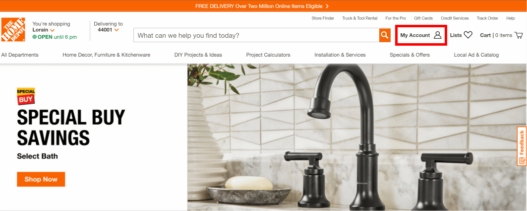 Click on the My Account option at the top right of the screen. | How to Check Home Depot Card Balance