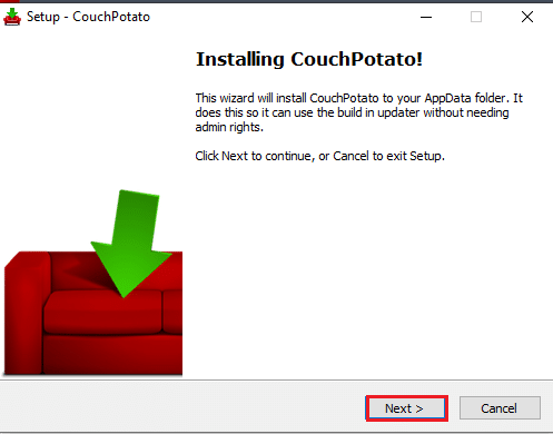 Нажмите кнопку «Далее». Как настроить CouchPotato в Windows 10