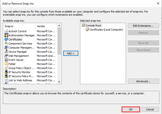 Click on the OK button on the Add or Remove Snap ins window. Fix Remote Desktop Cannot Connect to the Remote Computer