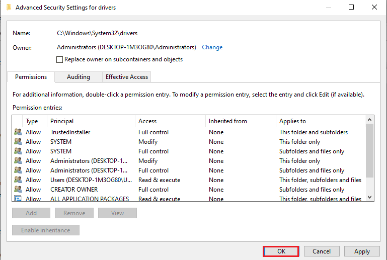 Click on the OK button on the Advanced Security Settings. Fix This Operation Requires an Interactive Window Station