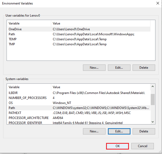 Click on the OK button on the Environmental Variables window