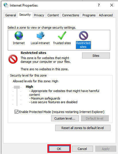 Fai clic no botón Aceptar na xanela Opcións de Internet para finalizar o proceso. Como desbloquear un sitio web en Windows 10