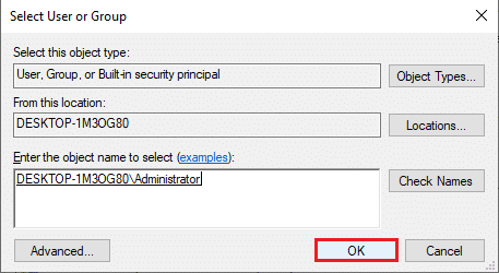 Click on the OK button on the Select User or Group window 