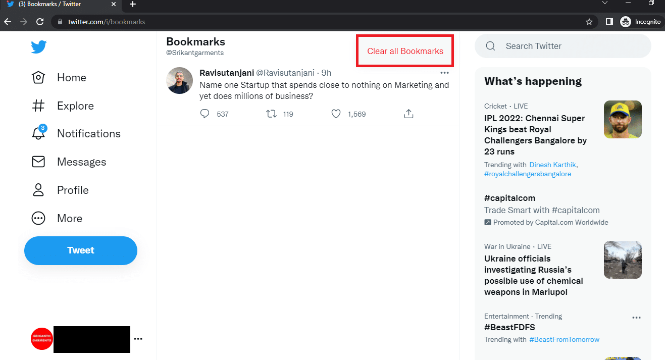 Click on the option Clear all Bookmarks in Twitter Desktop view