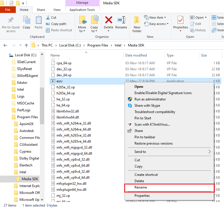 click on the option Rename. Fix Esrv.exe Application Error in Windows 10