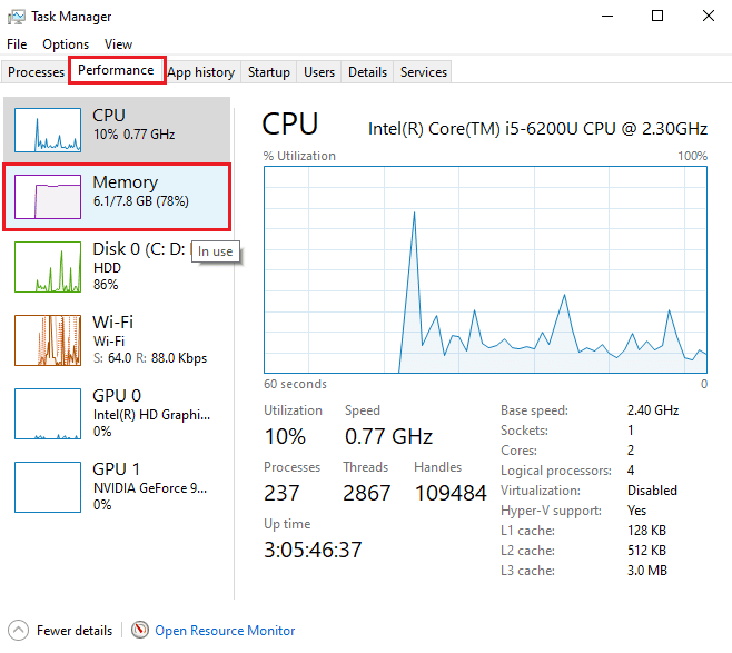 Click on the Performance tab at the top and select Memory