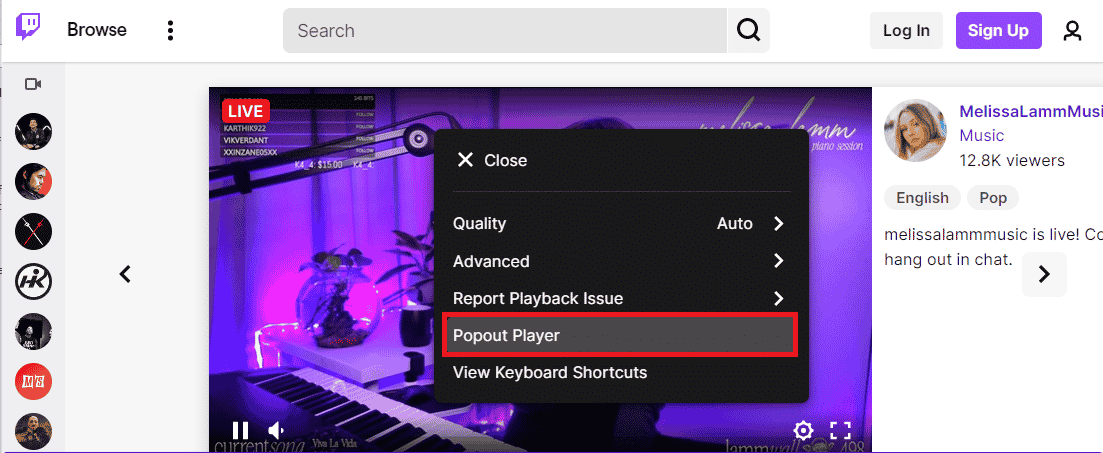 Click on the Popout Player option