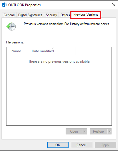 click on the Previous Versions tab