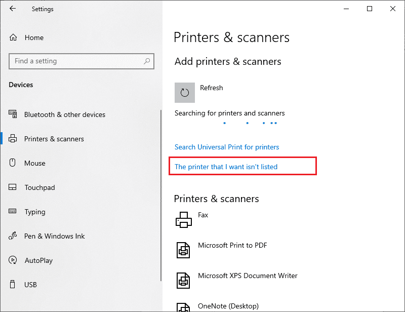 click on The printer that I want is not listed hyperlink. Fix Error Printing in Windows 10