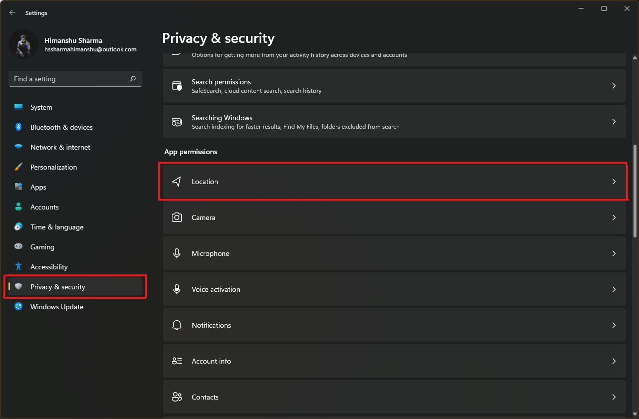 Privacy and security Location windows 11