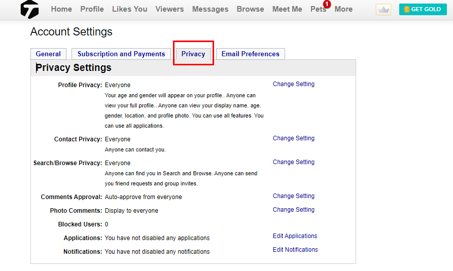 Click on the Privacy option under Account Settings to switch to the Privacy tab.