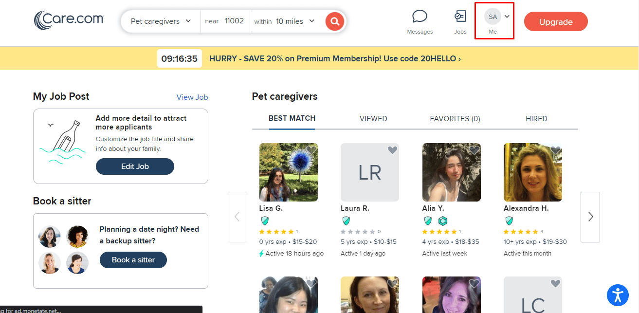 Click on the Profile Pic icon at the top right corner of your screen, to open the main account drop-down menu. | hide your profile on Care.com