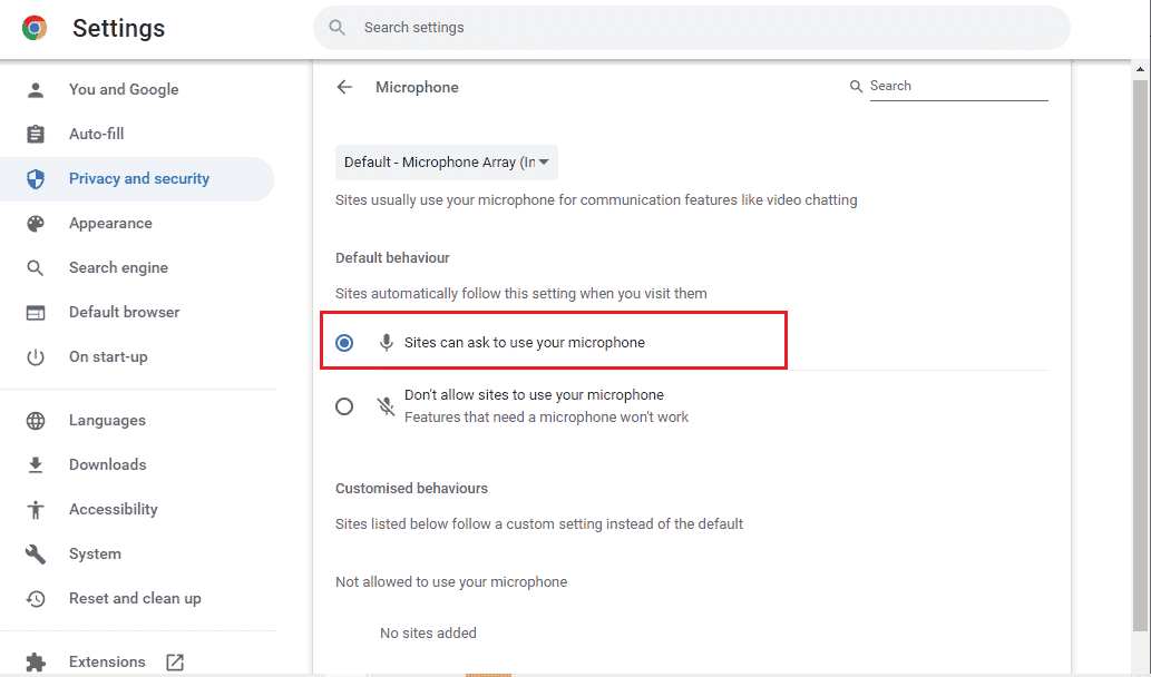 click on the radio button next to Sites can ask to use your microphone