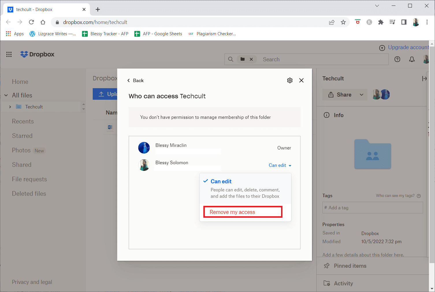 click on the Remove my access option from the drop-down menu