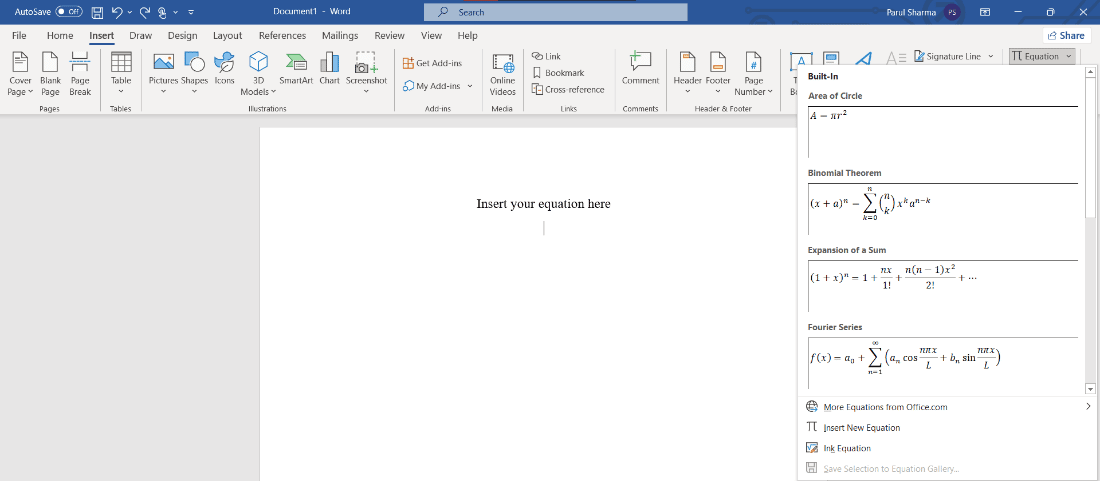 click on the required equation | how to insert equation in word