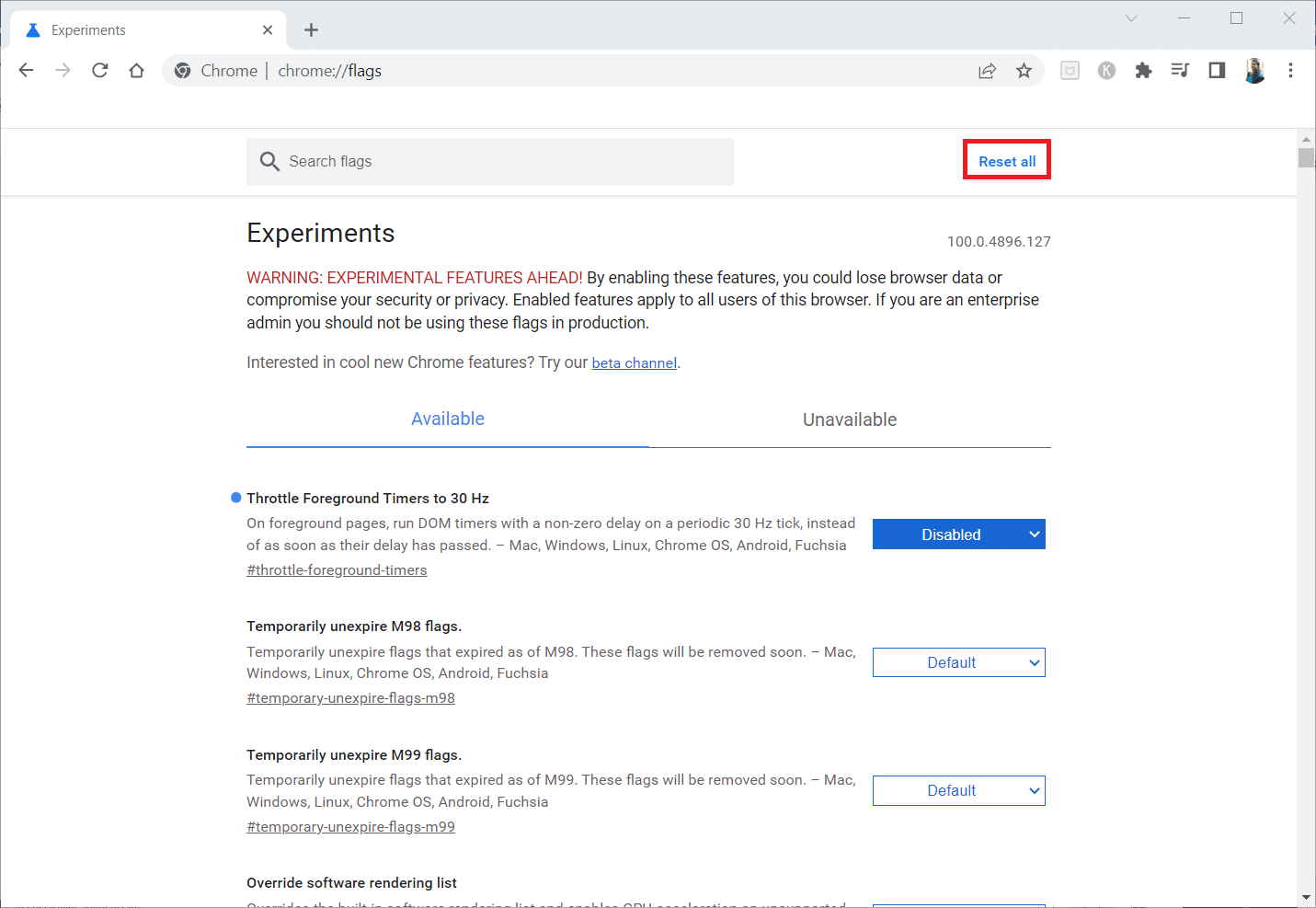 Click on the Reset all button to reset the experimental settings on Google Chrome