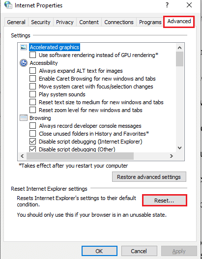 Нажмите кнопку «Сбросить…». Исправить ошибку 16 Adobe After Effects в Windows 10