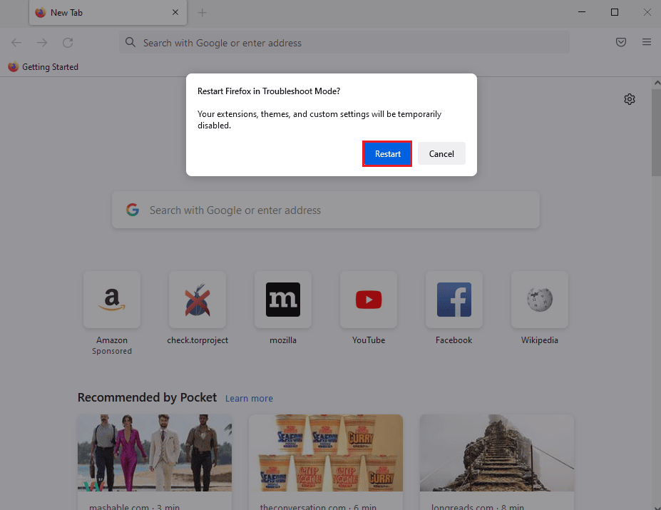 Нажмите кнопку «Перезагрузить» при перезапуске Firefox в режиме устранения неполадок. Исправить ошибку Mozilla Firefox «Не удалось загрузить XPCOM» в Windows 10