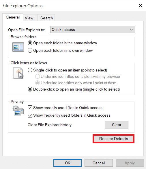Click on the Restore Defaults