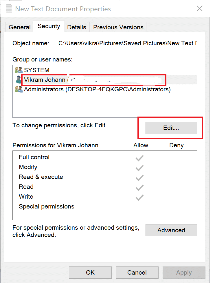 Нажмите на вкладку «Безопасность». Выберите свое имя пользователя и нажмите «Изменить | Исправить папку продолжает возвращаться в режим «только для чтения» в Windows 10