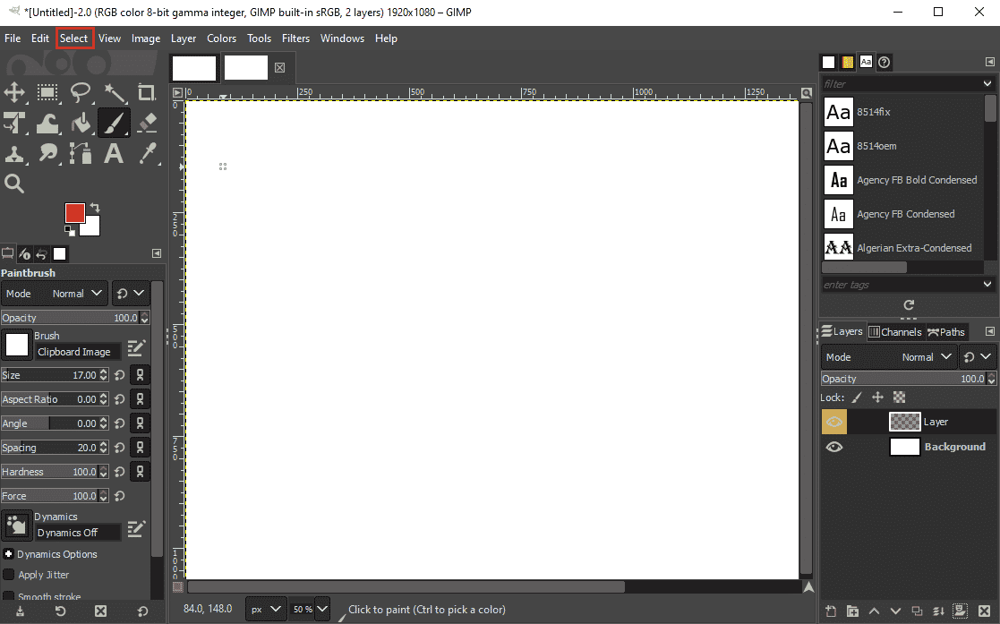 Click on the Select menu on the GIMP window. Fix GIMP Paintbrush Tool Not Working