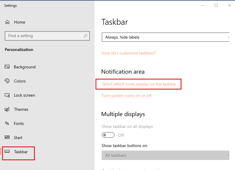 click on the Select which icons appear on the taskbar option