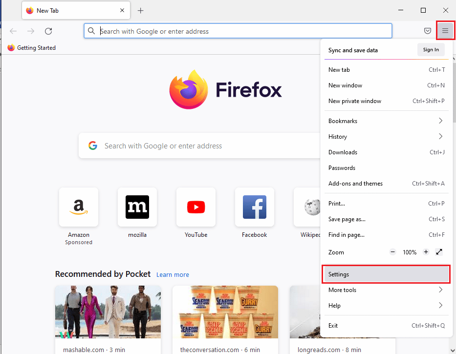 нажмите на опцию «Настройки». Исправить ошибку Mozilla Firefox «Не удалось загрузить XPCOM» в Windows 10