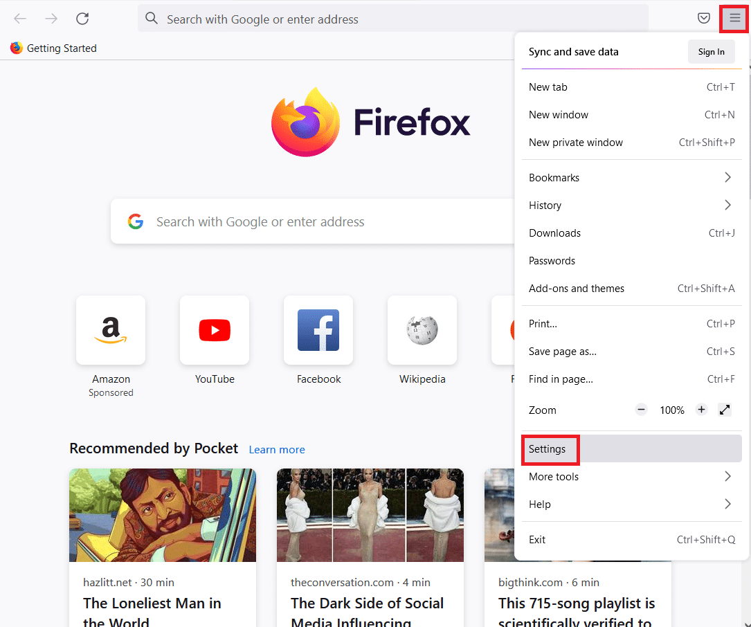 click on the Settings option in the list. Fix Firefox PR END OF FILE ERROR in Windows 10
