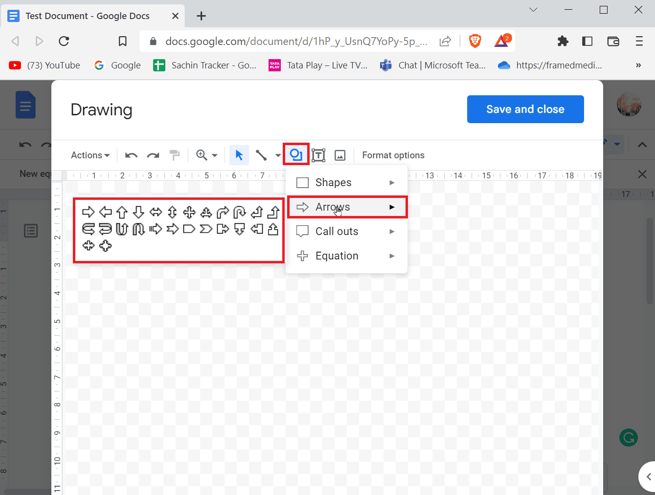 Click on the Shapes icon and then click on Arrows