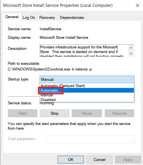 Click on the Startup type: dropdown to Automatic. Fix Windows Store Error 0x80240024