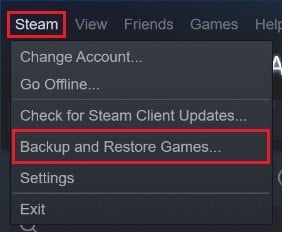 click on the steam button and then select backup and restore games