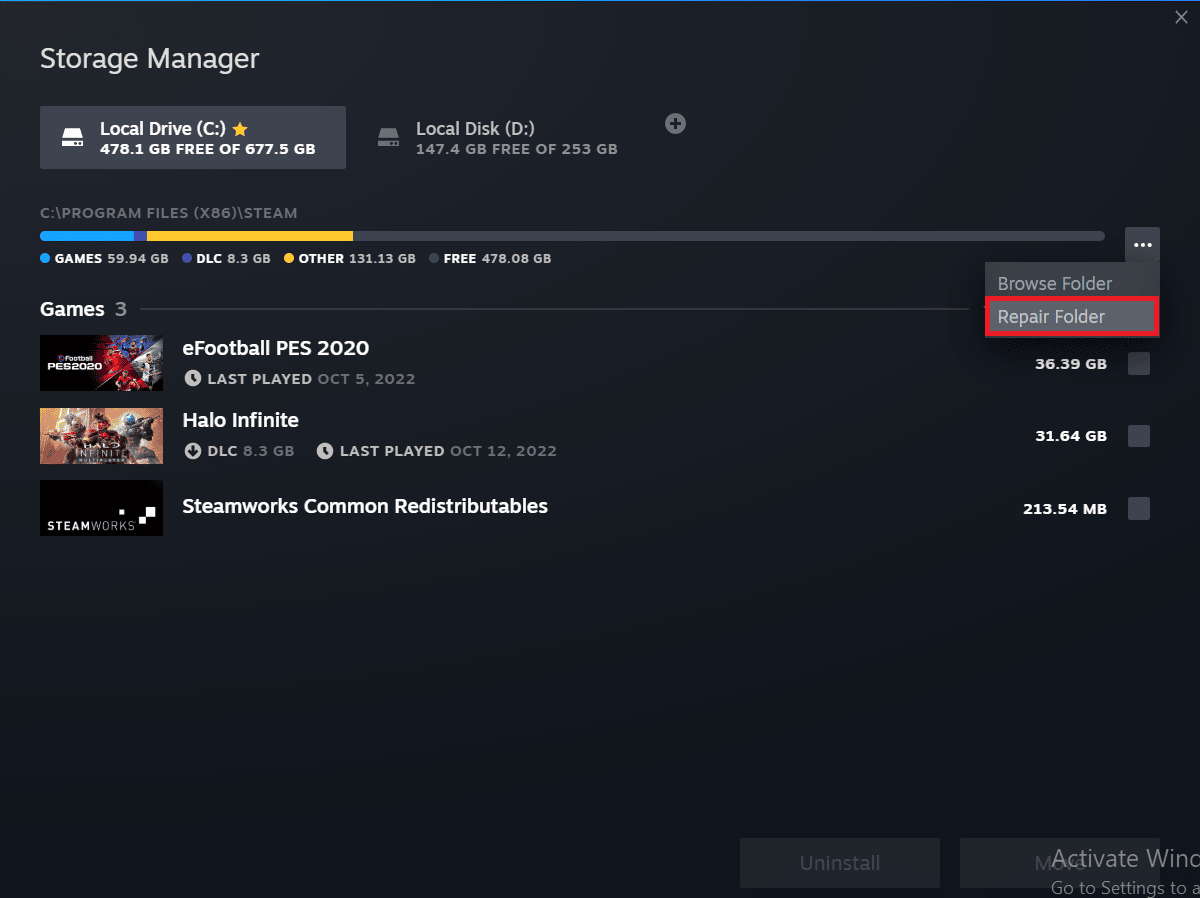Select Repair Folder. Fix AppHangB1 Error on Steam