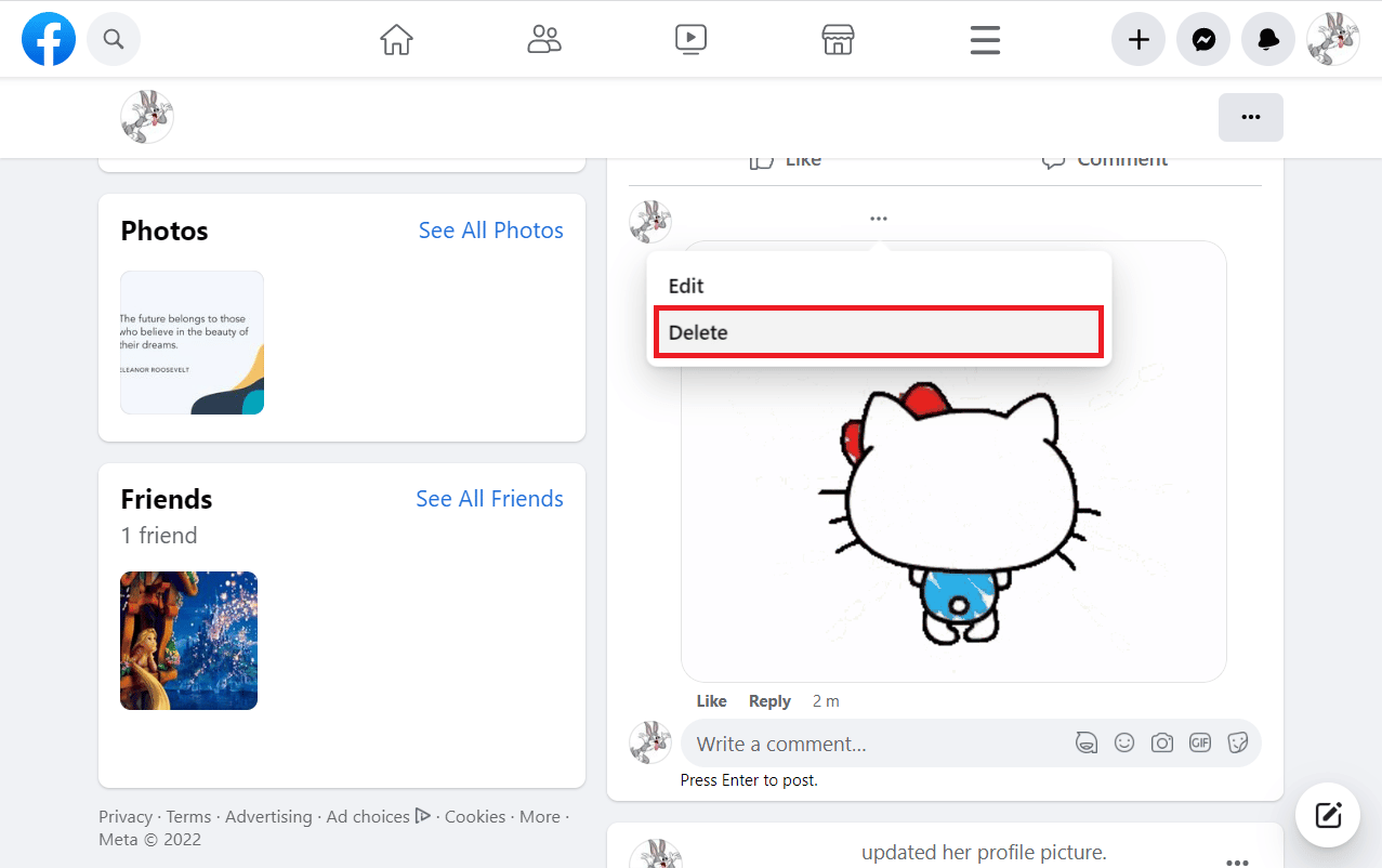 Click on the three dots next to your profile name and choose Delete | How to Delete a GIF on Facebook Comment | unsend GIF on Messenger