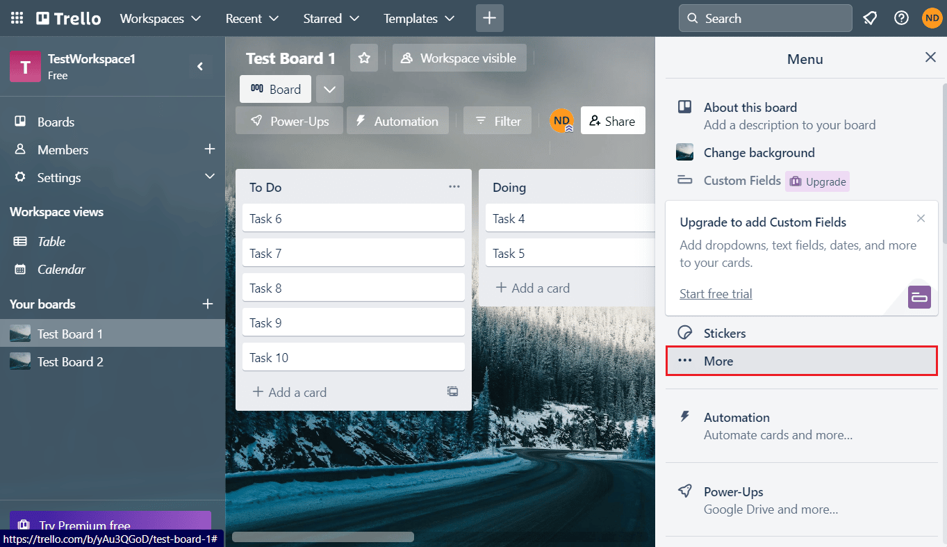 click on the three-dotted icon - More option from the right side of the screen | Can You Delete Trello Board?
