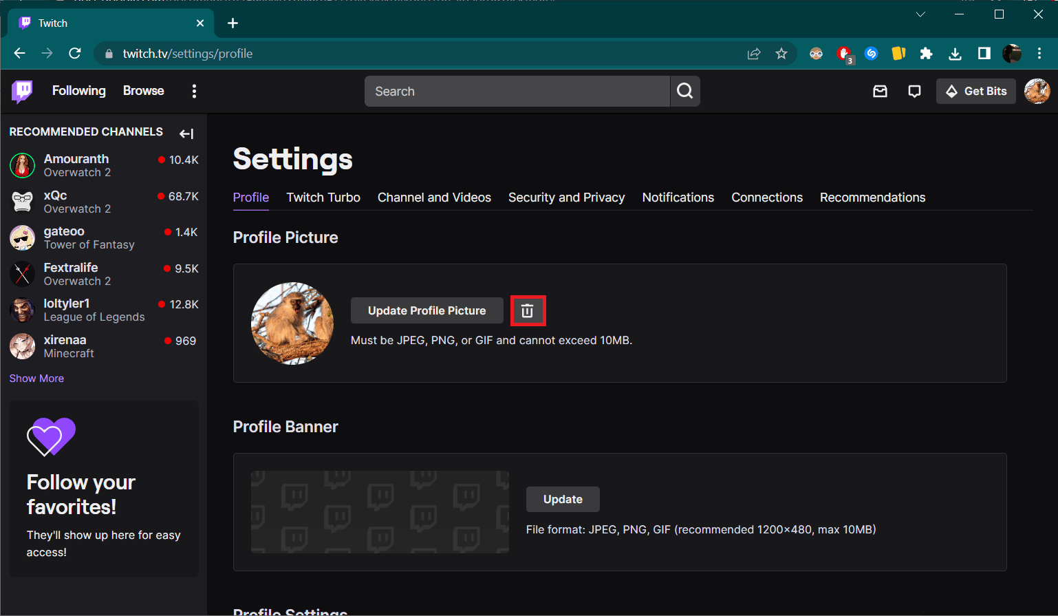 Click on the trash can icon to delete your current Twitch picture