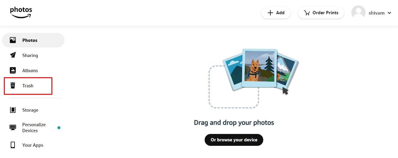 Click on the Trash option present on the left side menu. | why did your Amazon photos disappear