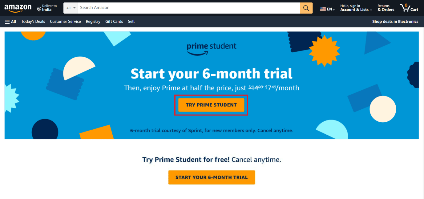 click on the TRY PRIME STUDENT button
