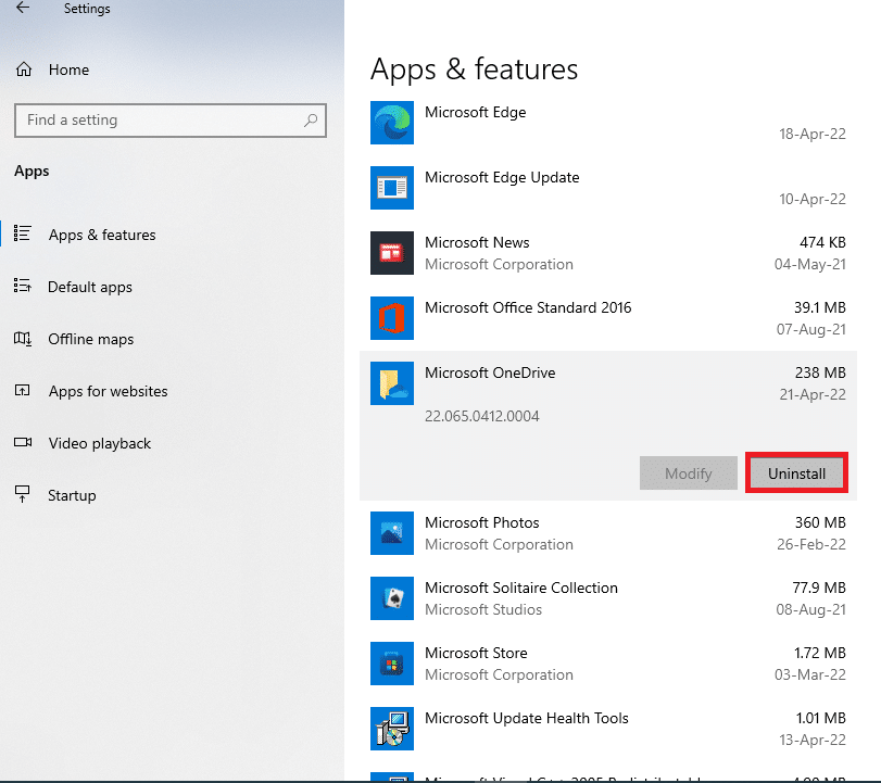 click on the Uninstall button to uninstall the OneDrive app