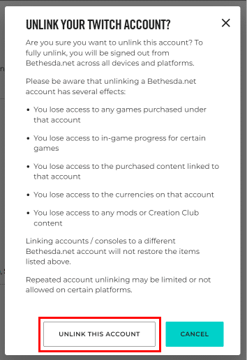 Click on the UNLINK THIS ACCOUNT button to unlink the Bethesda account from the desired service. | How to Unlink Bethesda Account