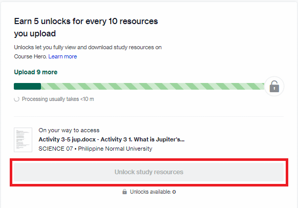 Click on the Unlock study resources button once you've uploaded 10 documents.