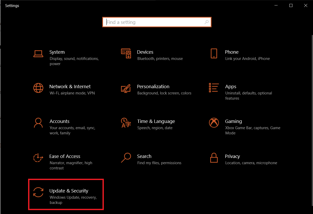 Click on the Update and Security settings tile. 
